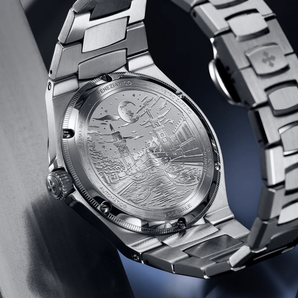 engraved caseback with arsenale towers of venice